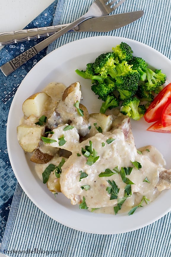 Slow Cooker Creamy Ranch Pork Chops and Potatoes | www.tasteandtellblog.com