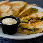 Chicken, Avocado & Caramelized Onion Quesadillas with Chipotle Mustard Dipping Sauce