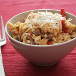 Cookbook of the Month Recipe – Orzo with Sausage, Peppers and Tomatoes