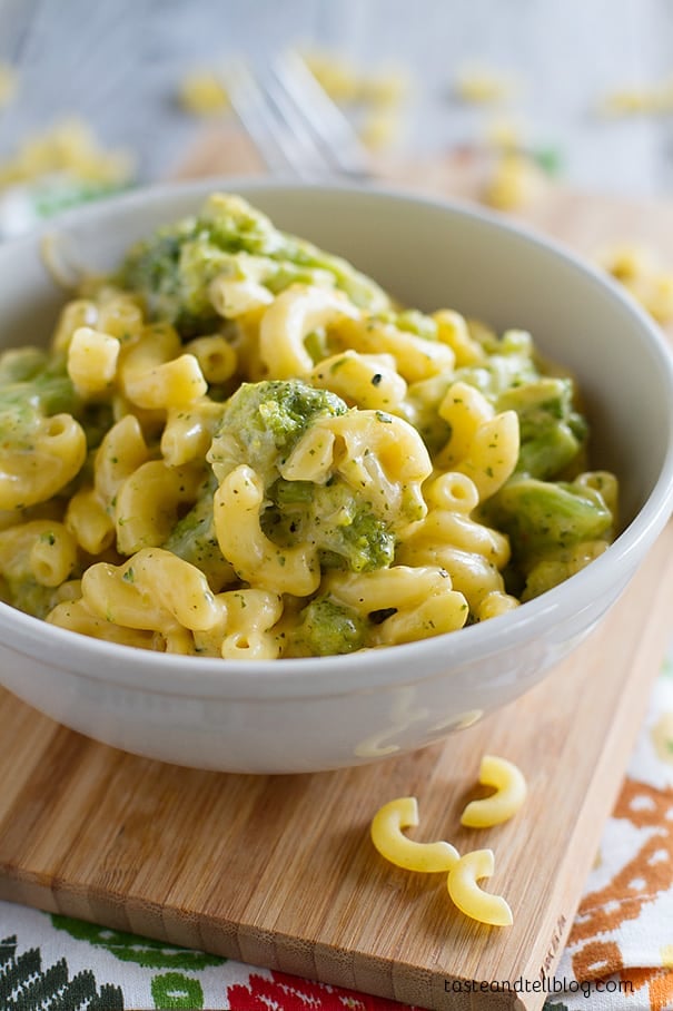Macaroni with cheese and broccoli in a large bowl