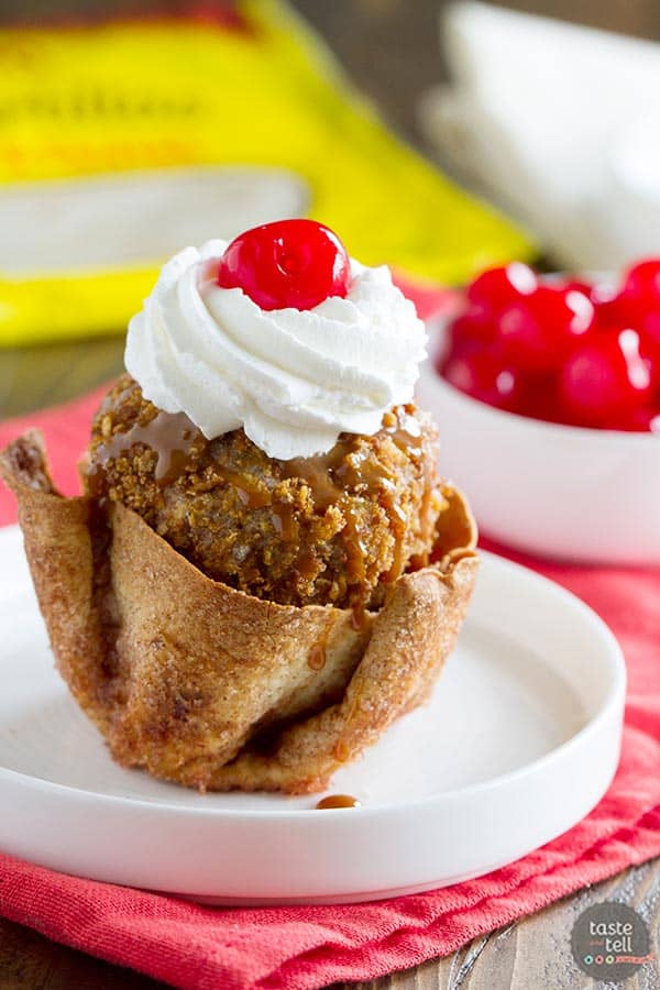 Finish off your Cinco de Mayo meal with this Fried Ice Cream Recipe that is served in cinnamon and sugar coated tortilla bowls.