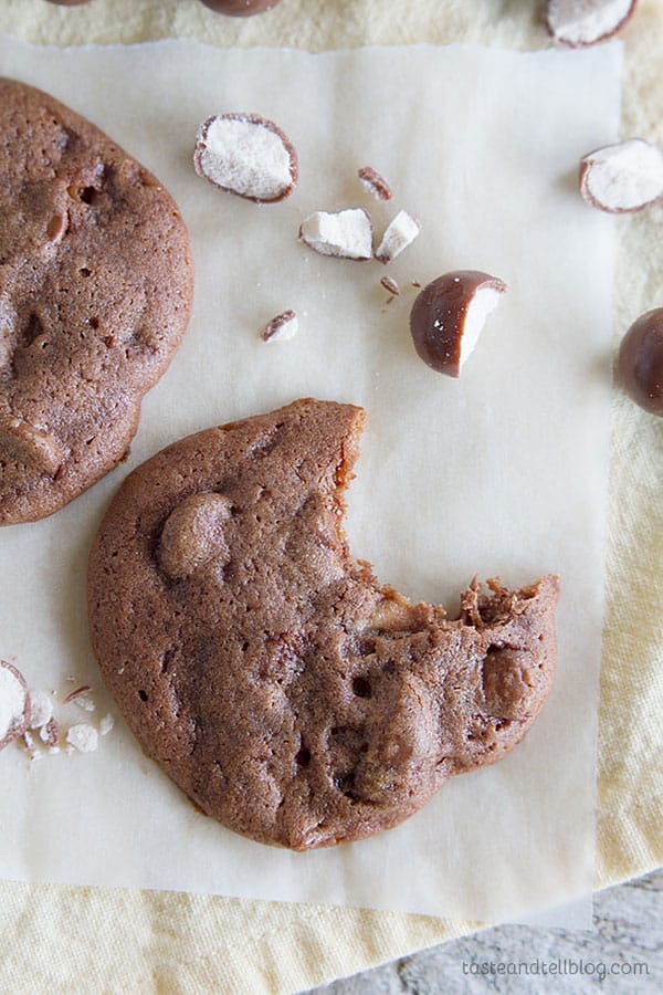 Soft chocolate cookies are infused with malted milk powder, chopped malted milk candy and chocolate chunks in these Chocolate Malt Whopper Drops that are sure to be a favorite.