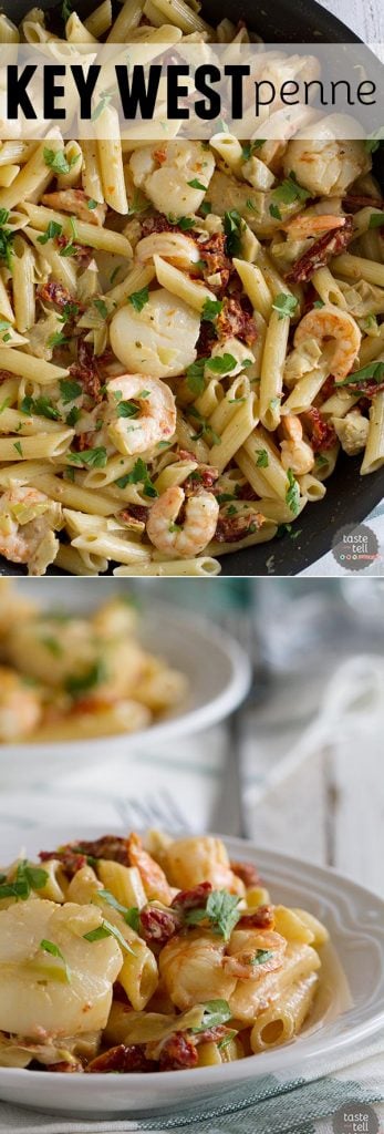 Restaurant quality food at home! This Key West Penne is filled with shrimp, scallops, sun-dried tomatoes and artichoke hearts in a light cream sauce - this is a pasta dish fit for a special occasion!