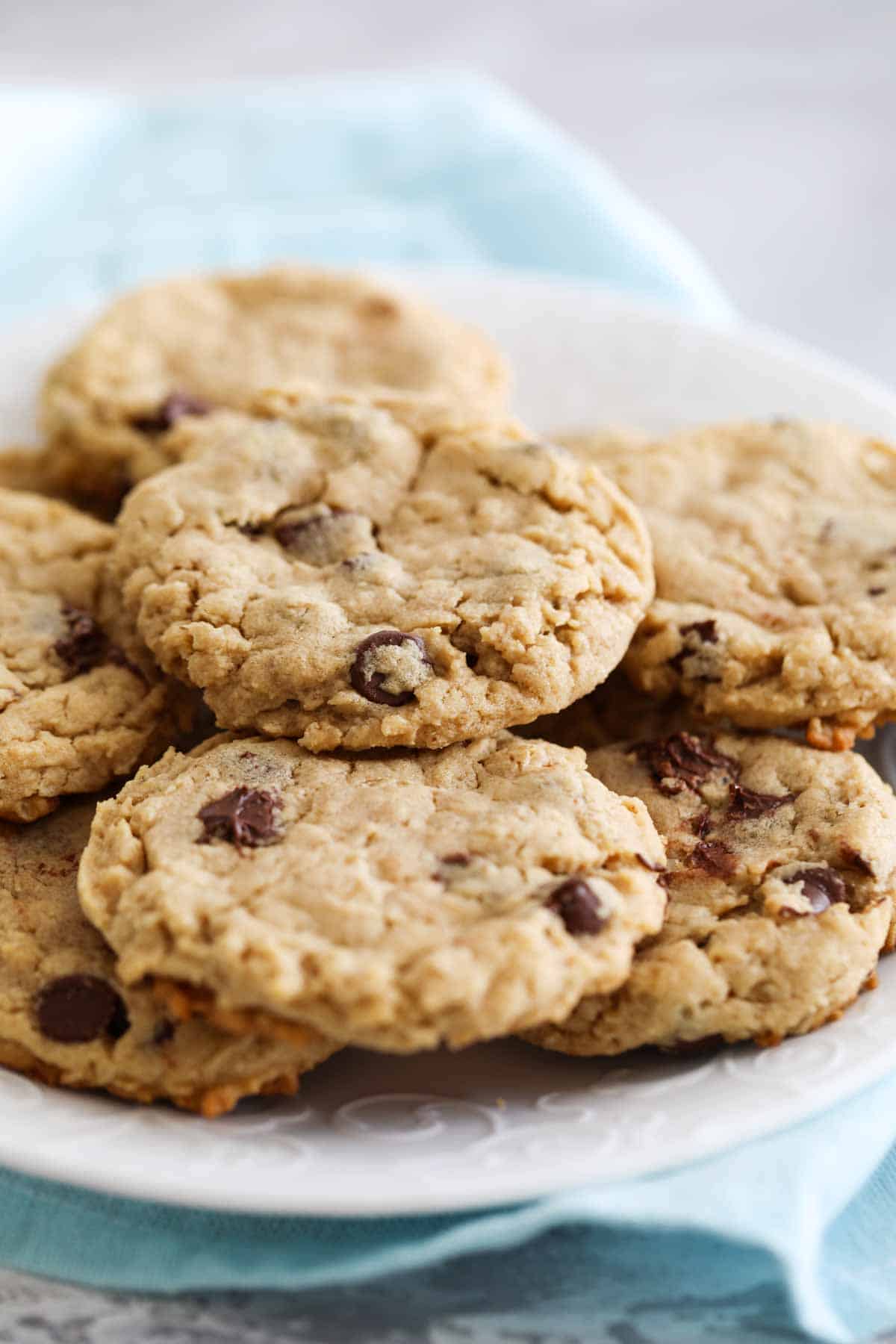 Peanut Butter Oatmeal Cookies with Chocolate Chips on a plate