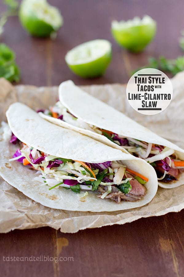 Thai Style Tacos with Lime Cilantro Slaw | www.tasteandtellblog.com