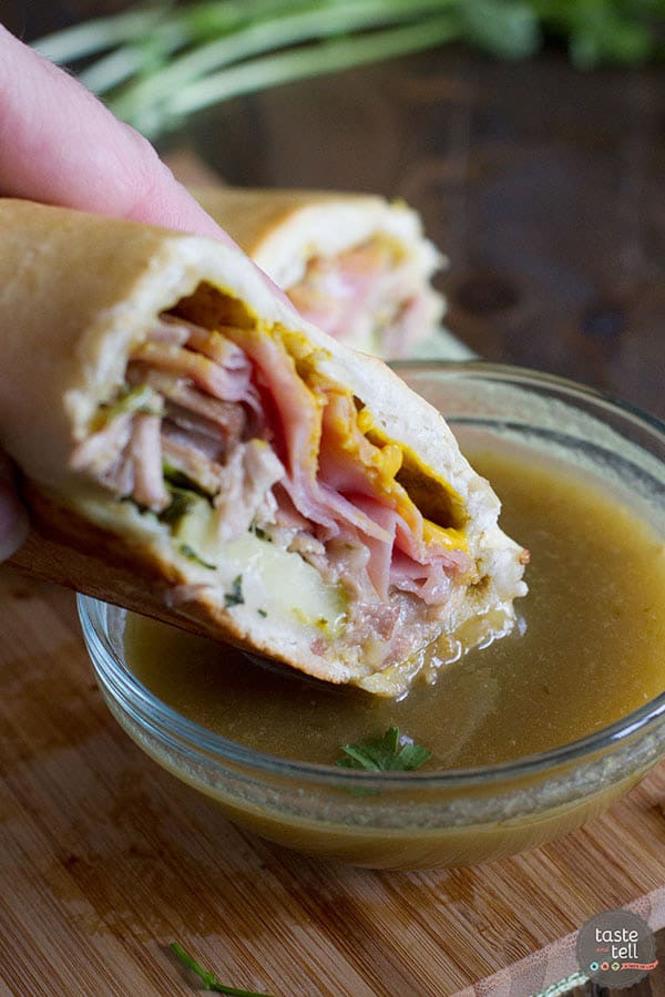 These Shortcut Cuban Sandwiches with Green Chile au Jus are a great way to get a dinner that is packed with flavor onto the table with very little effort!