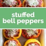 Stuffed Bell Peppers collage with text bar in the middle