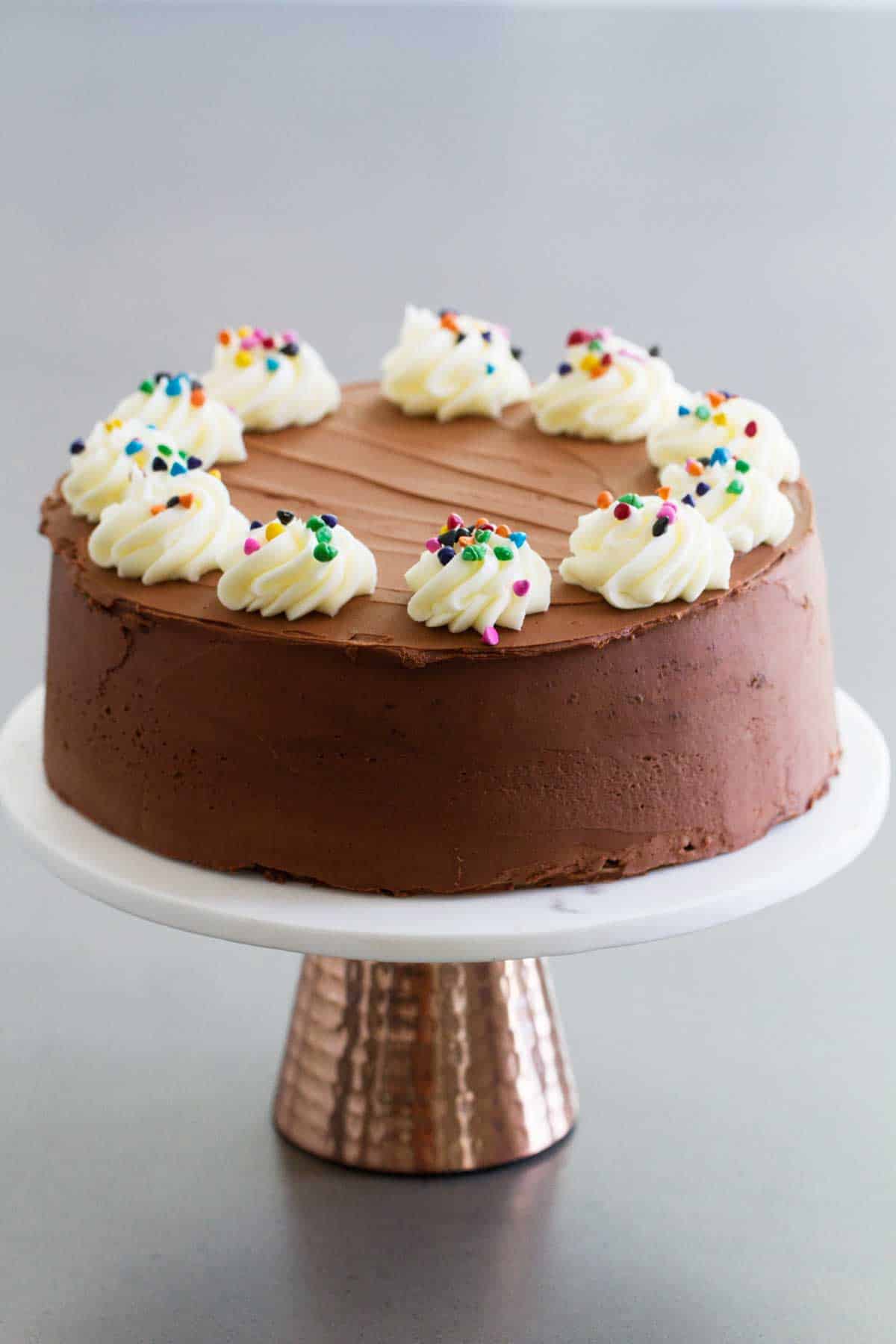 Double Chocolate Cake on a pedestal stand