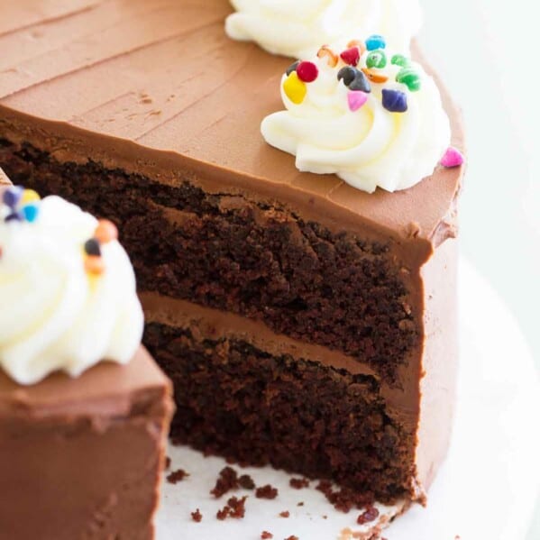 Full double chocolate cake - chocolate cake frosted with fudgy chocolate frosting