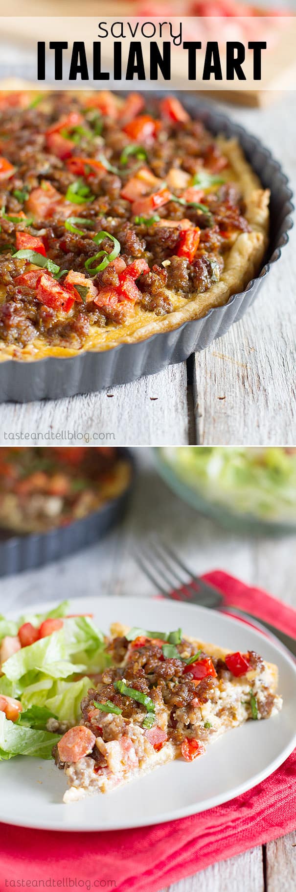 Savory Italian Tart - This quiche-like Italian tart is filled with Italian sausage, tomatoes, eggs and cheese, all on top of a puff pastry crust. Perfect for breakfast, lunch or dinner!