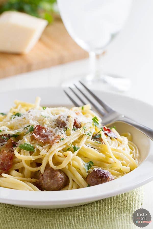 bowl of sausage carbonara pasta