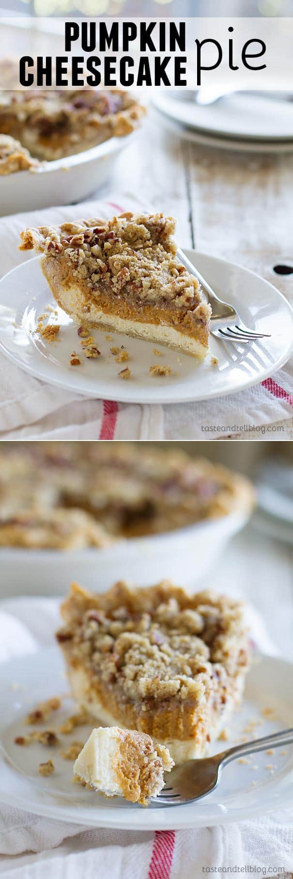Cheesecake and pumpkin pie combined! A cheesecake layer is topped with a pumpkin pie layer and then a layer of streusel in this holiday worthy Pumpkin Cheesecake Pie.