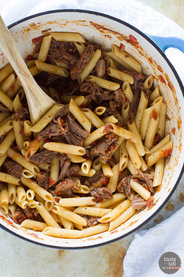 Beef short ribs are simmered in an easy tomato sauce for this Slow Simmered Short Rib Sauce with Pasta. It’s perfect for a Sunday supper!