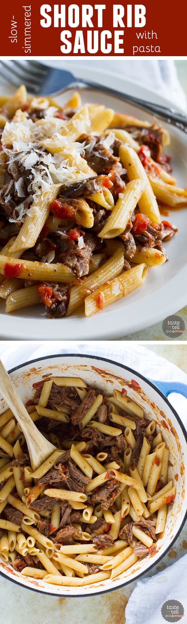 Beef short ribs are simmered in an easy tomato sauce for this Slow Simmered Short Rib Sauce with Pasta. It’s perfect for a Sunday supper!