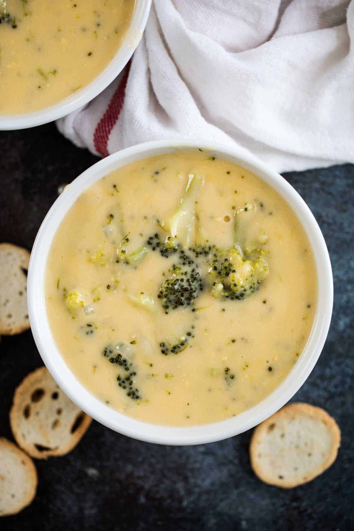 close up of Bowl of Broccoli Cheese Soup