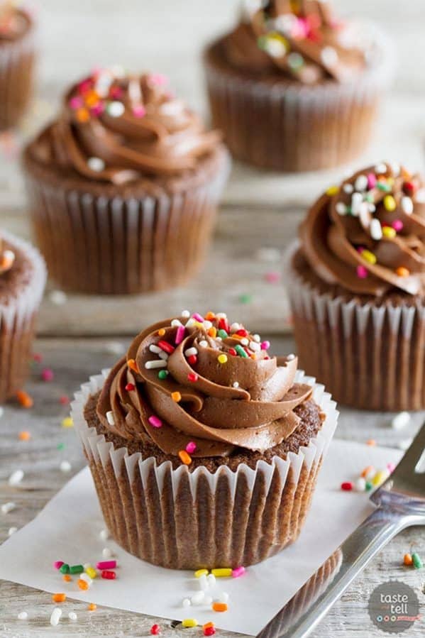 A chocolate lover’s dream, these rich and moist chocolate sour cream cupcakes are covered with a smooth and creamy chocolate buttercream.