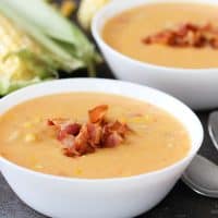 Bowls of Corn Chowder with Bacon.
