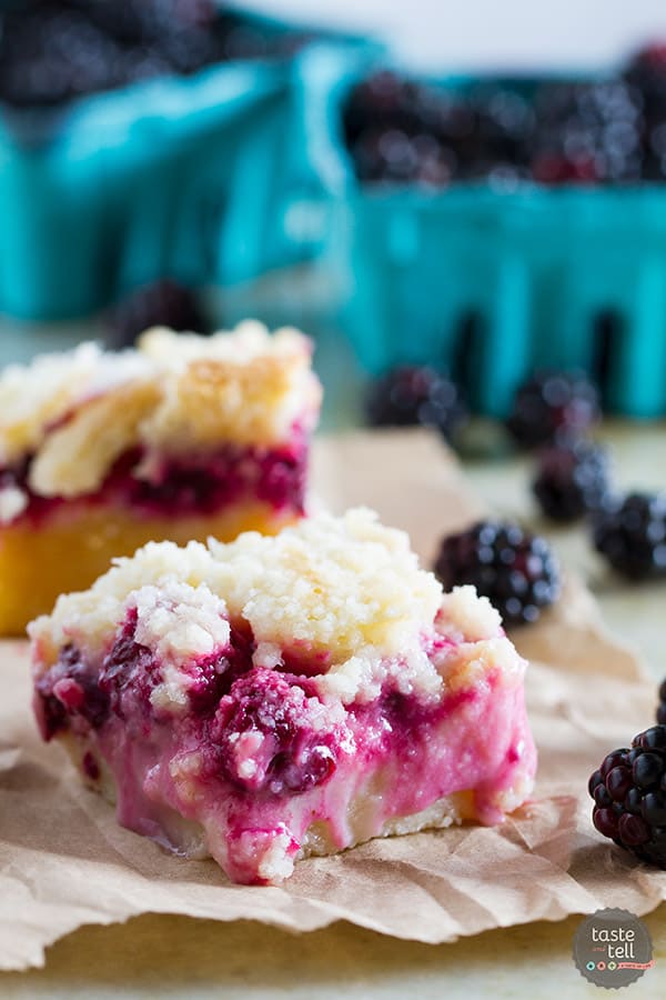 A shortbread base is topped with a creamy blackberry layer and then a streusel top in these Blackberry Pie Bars that you won’t be able to keep your hands out of!