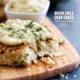 Green Chile Crab Cakes with Tomatillo Salsa with text overlay.