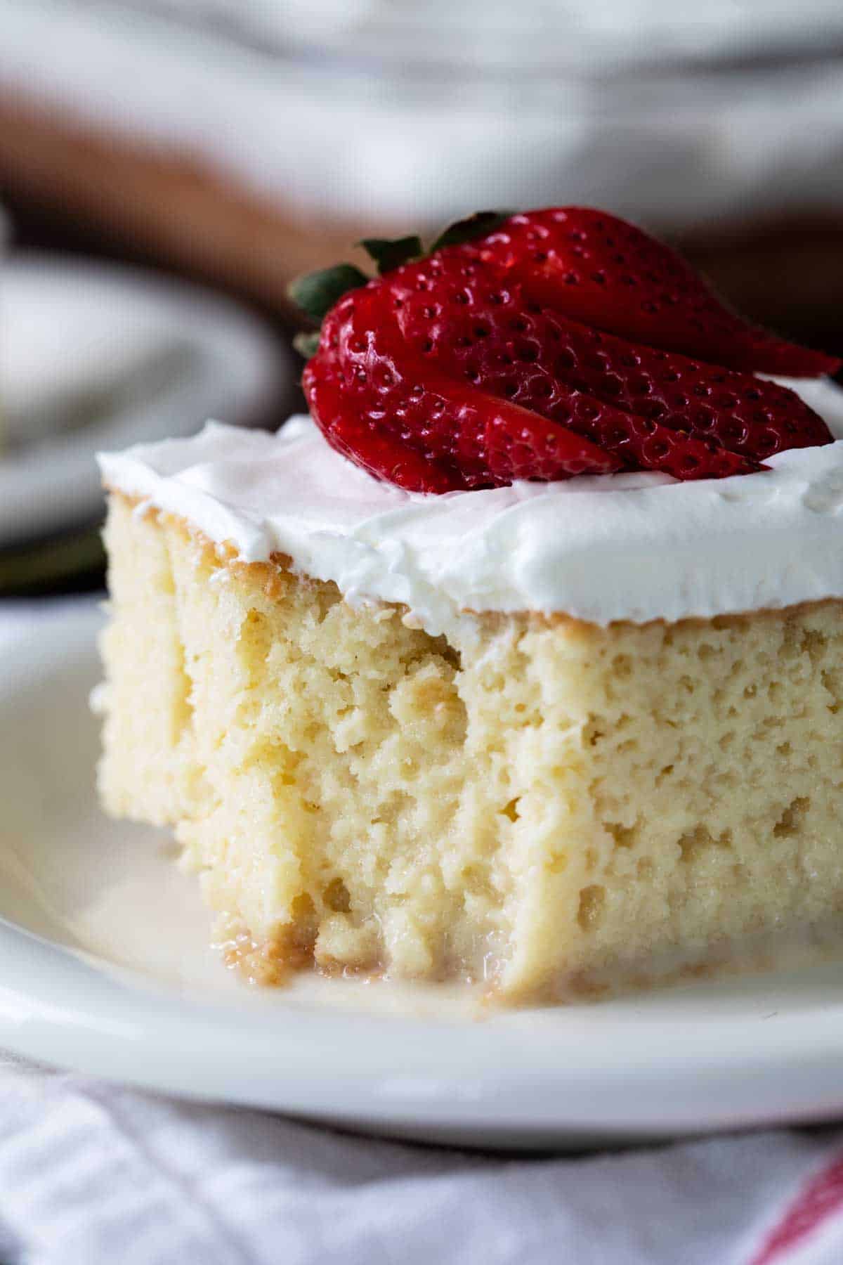 close up of slice of Tres Leches Cake - Milk Cake