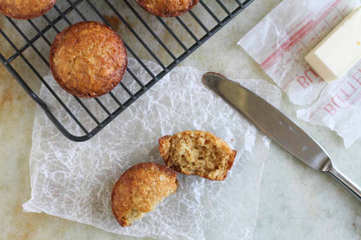 brown sugar muffin cut in half with butter