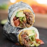 Bean, Sausage and Beef Burrito Recipe cut in half.