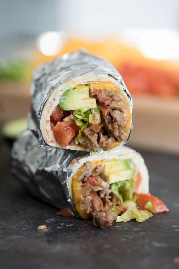 Bean, Sausage and Beef Burrito Recipe cut in half.
