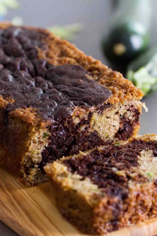 Cut loaf of Chocolate Wave Zucchini Bread