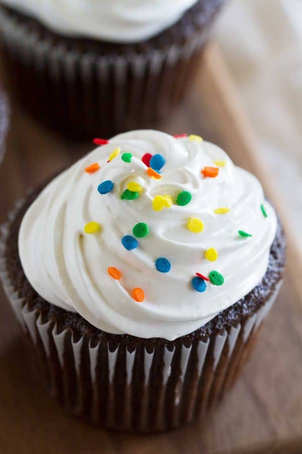 You can’t go wrong with a classic like these Devil’s Food Cupcakes with Fluffy Frosting! The cupcakes are deep chocolate, contrasted by the light and fluffy marshmallow frosting.