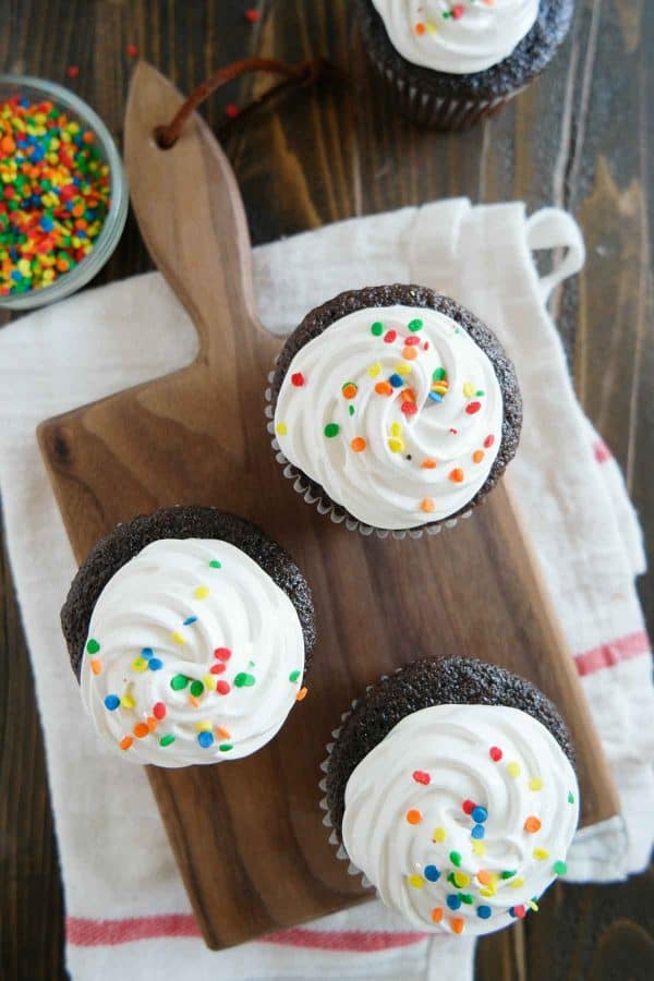 You can’t go wrong with a classic like these Devil’s Food Cupcakes with Fluffy Frosting! The cupcakes are deep chocolate, contrasted by the light and fluffy marshmallow frosting.