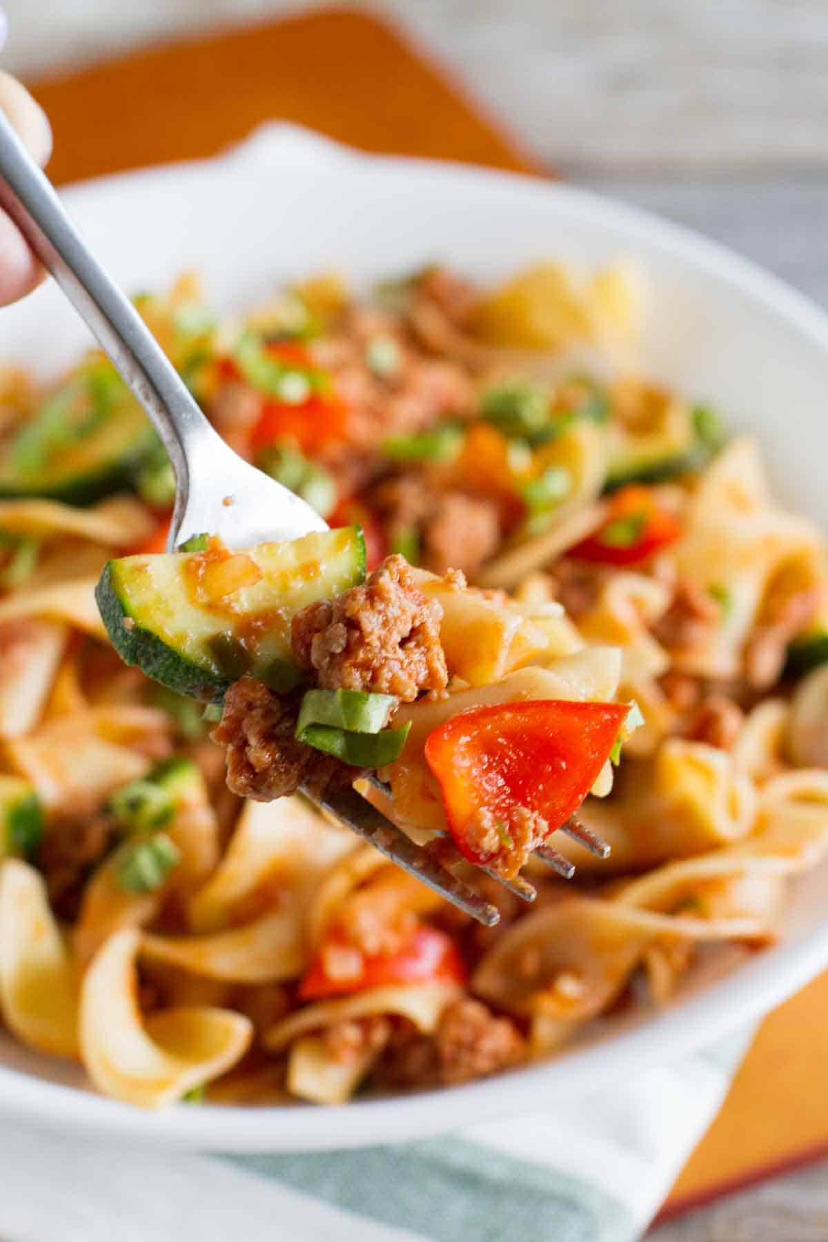 fork filled with turkey goulash showing noodles and vegetables