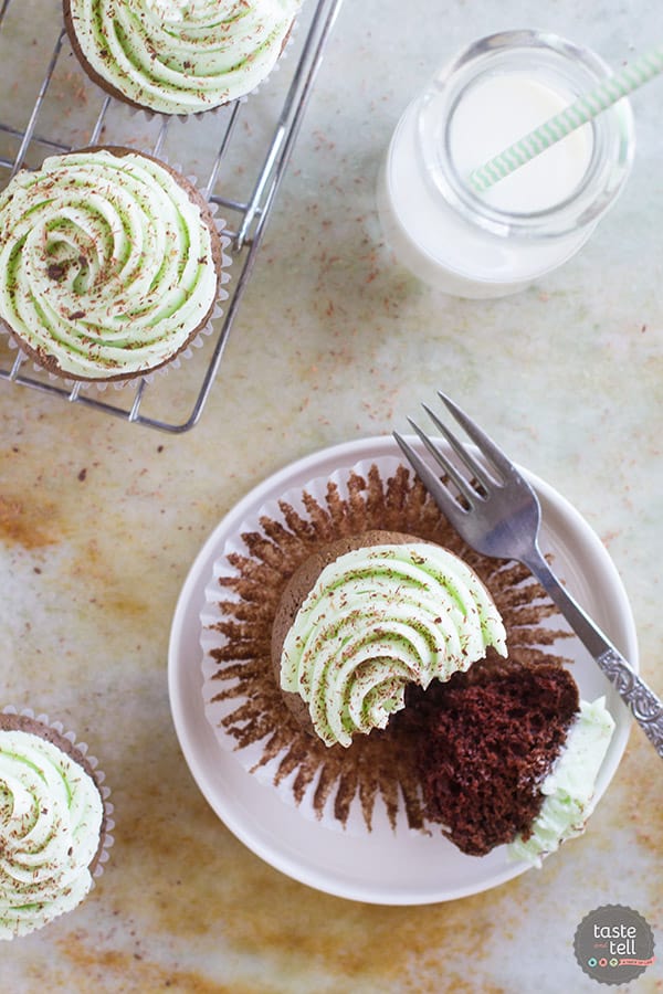 Mint lovers will go crazy for these Chocolate Mint Cupcakes that are topped with a smooth and creamy mint Swiss meringue buttercream frosting.