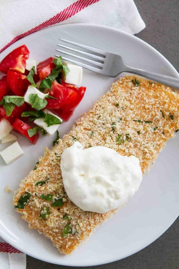 Baked Salmon Topped with Homemade Tartar Sauce