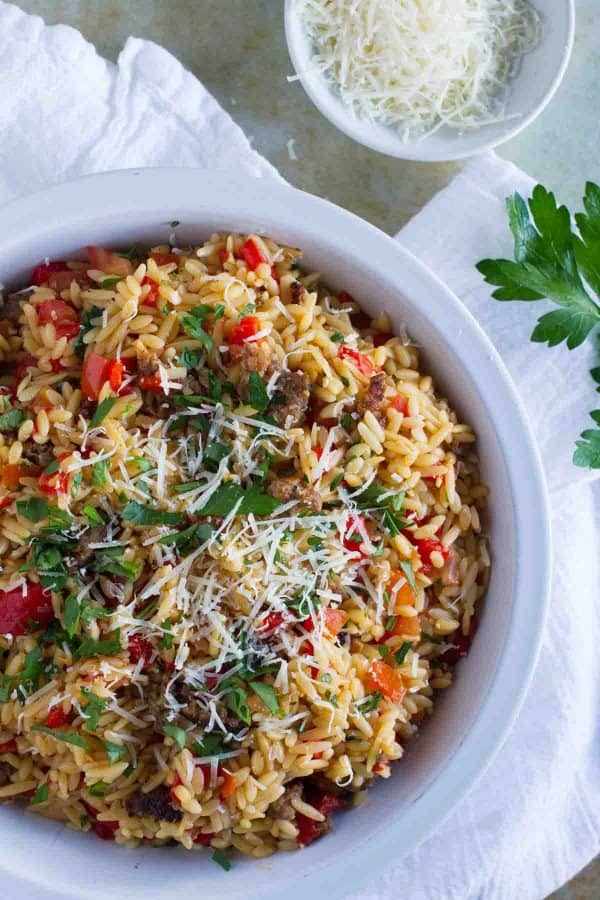 Bowl of Orzo with Italian Sausage