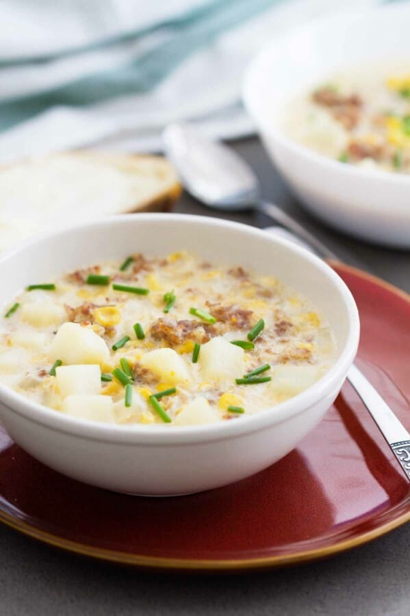 photo of corn and sausage chowder in a bowl