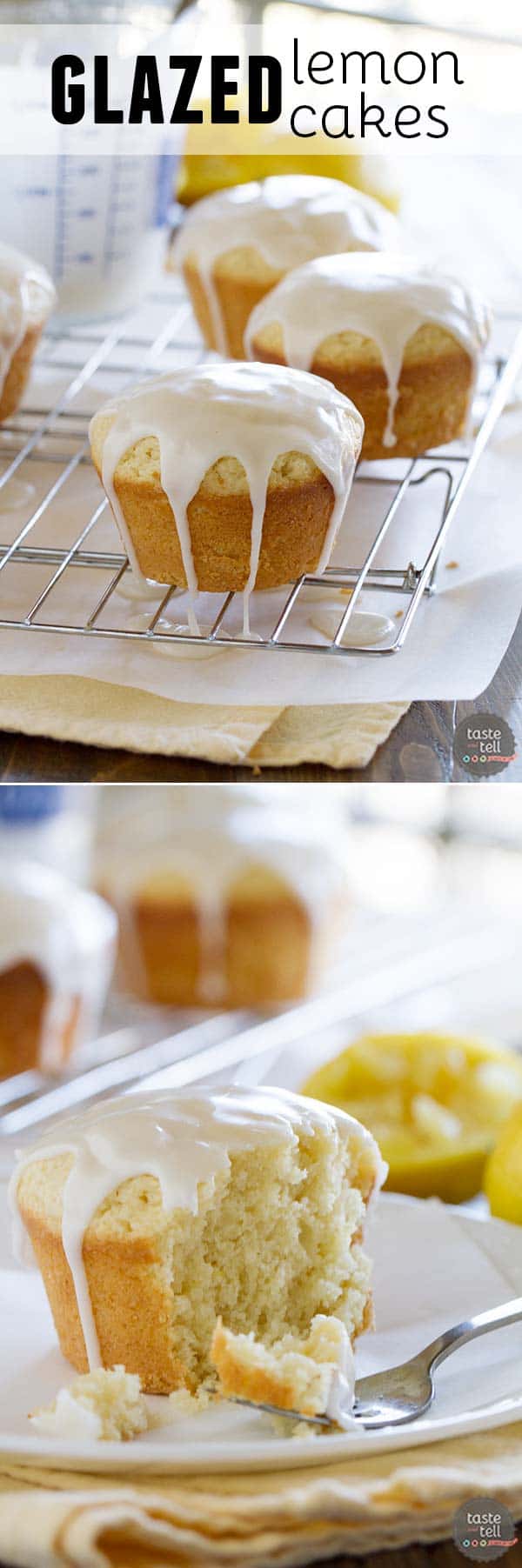 Filled with lots of lemon flavor, these Glazed Lemon Cakes are sweet and tart and a perfect Spring dessert!