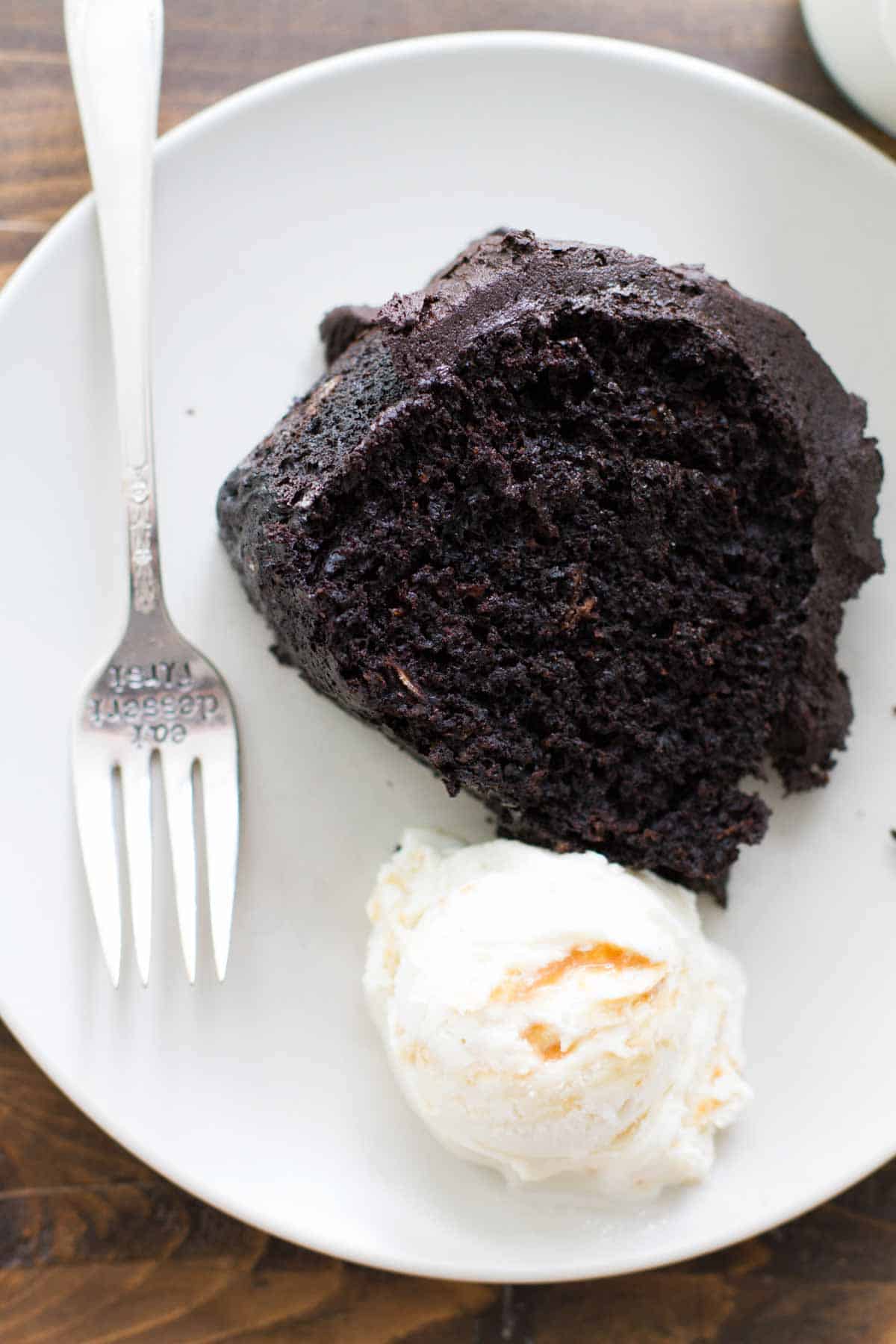 Dark Chocolate Root Beer Bundt Cake with vanilla ice cream.