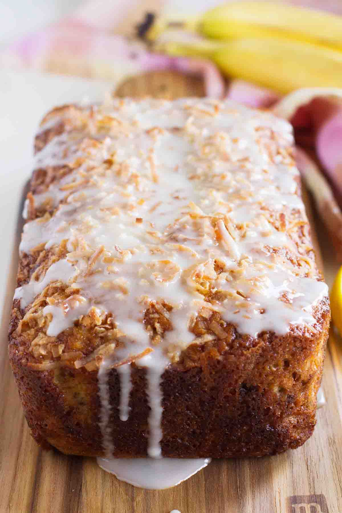 loaf of Citrus Glazed Coconut Banana Bread