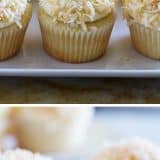 True coconut lovers will appreciate these Coconut Snowball Cupcakes! Coconut cupcakes are filled with a coconut pastry cream and then frosted with a coconut buttercream. Top them off with toasted coconut for the ultimate coconut treat!