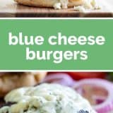 Blue Cheese Burgers with text bar in the middle