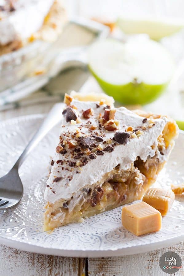 Can’t decide between pie or a cheesecake? This Taffy Apple Cheesecake Pie combines caramel apples with a caramel cheesecake mixture, all with a layer of chocolate and nuts. So many flavors in one!