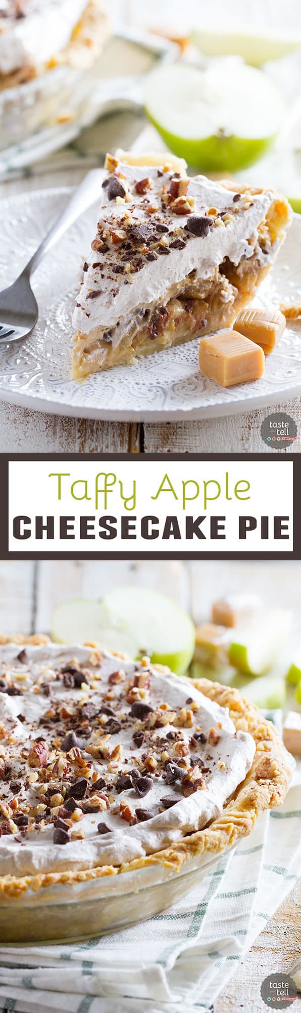 Can’t decide between pie or a cheesecake? This Taffy Apple Cheesecake Pie combines caramel apples with a caramel cheesecake mixture, all with a layer of chocolate and nuts. So many flavors in one!