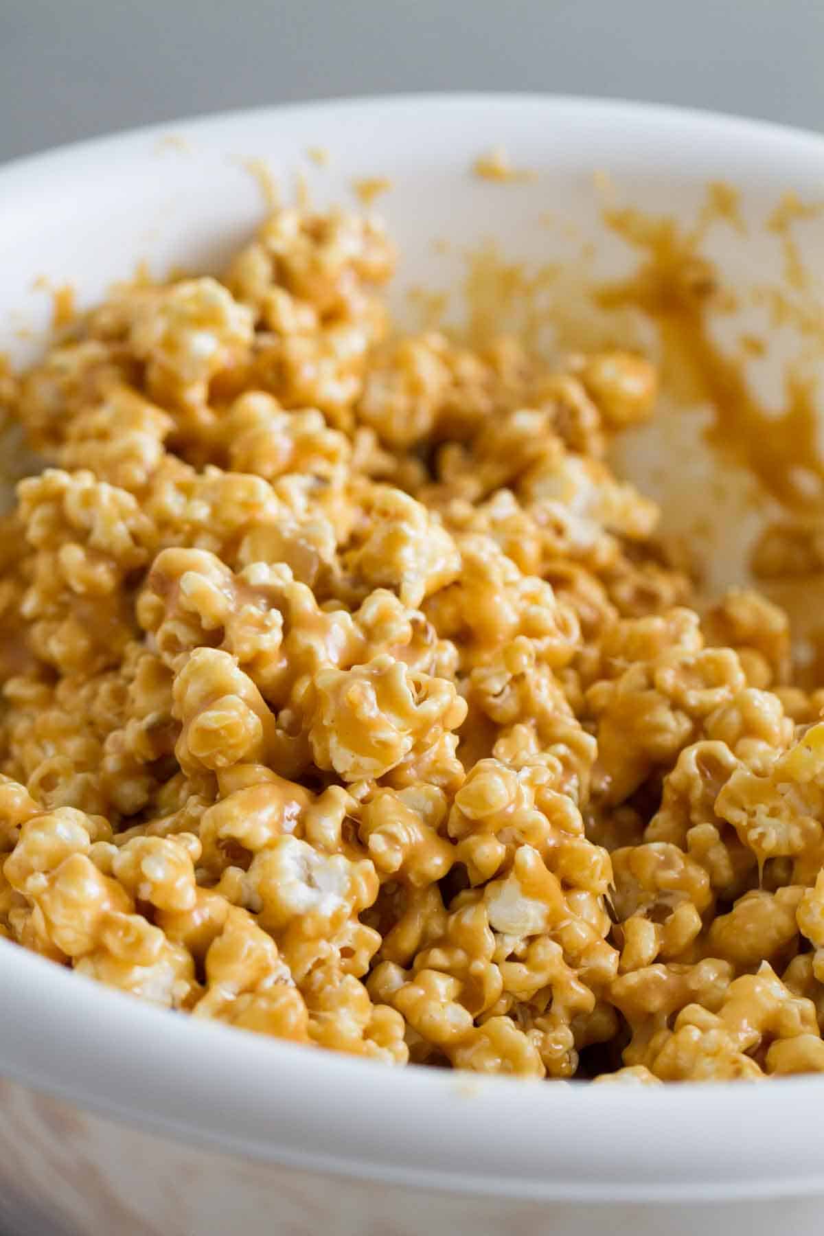 Large bowl of peanut butter popcorn.