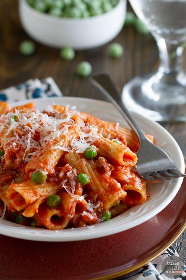 This Rigatoni with Sausage, Peas, Tomatoes and Cream is easy enough for a weeknight, but special enough for a weekend.