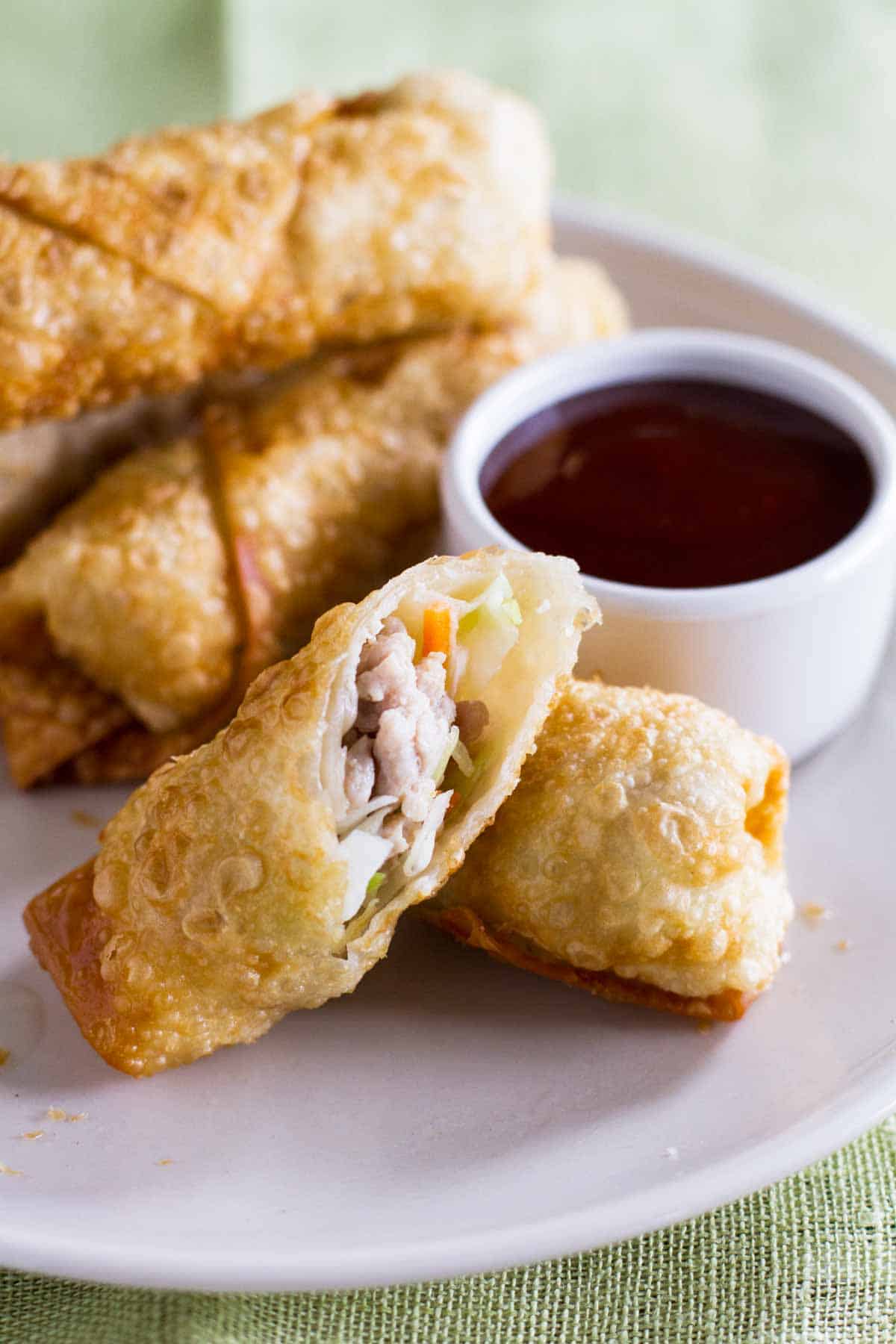 Egg rolls cut to show interior.