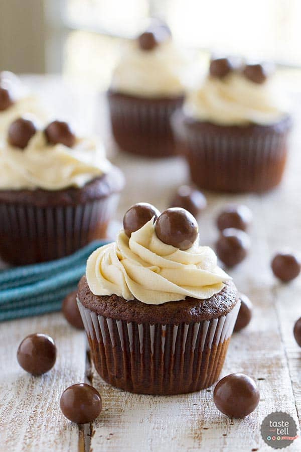 Chocolate Malt Cupcakes with Vanilla Malt Buttercream - rich chocolate cupcakes with a hint of malt are topped with a fluffy buttercream infused with even more malt flavor.