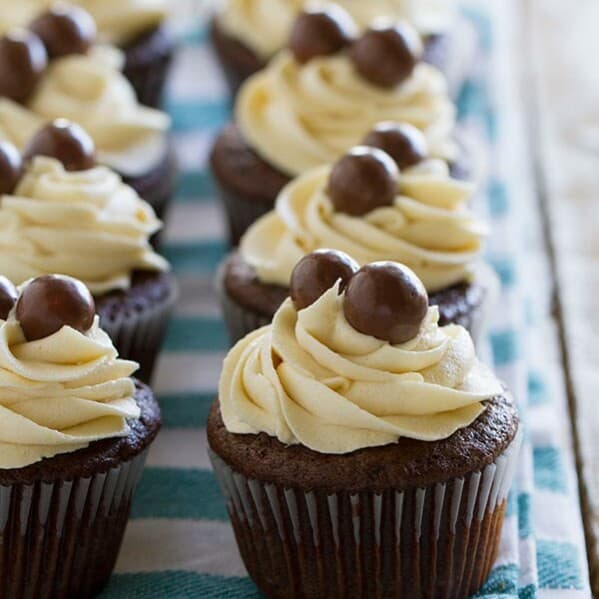 Chocolate Malt Cupcakes with Vanilla Malt Buttercream - rich chocolate cupcakes with a hint of malt are topped with a fluffy buttercream infused with even more malt flavor.