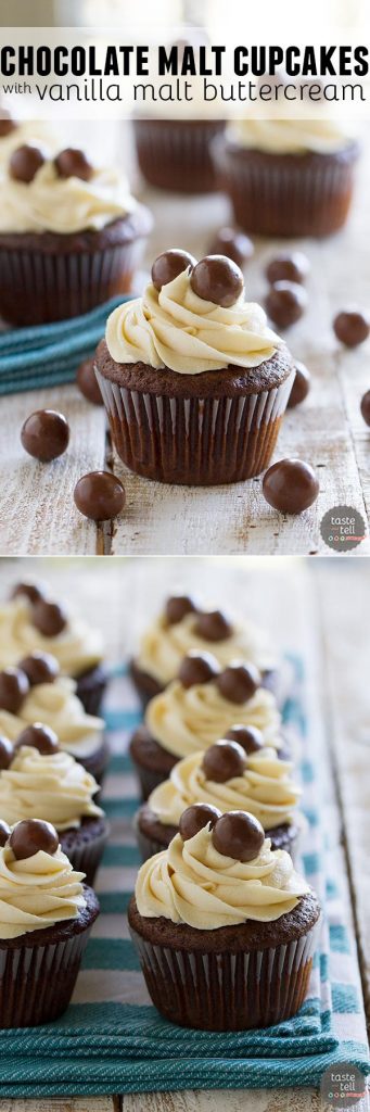 Chocolate Malt Cupcakes with Vanilla Malt Buttercream - rich chocolate cupcakes with a hint of malt are topped with a fluffy buttercream infused with even more malt flavor.