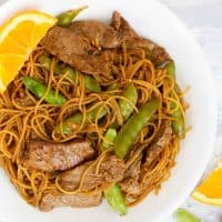 Orange Teriyaki Beef with Noodles and peas.