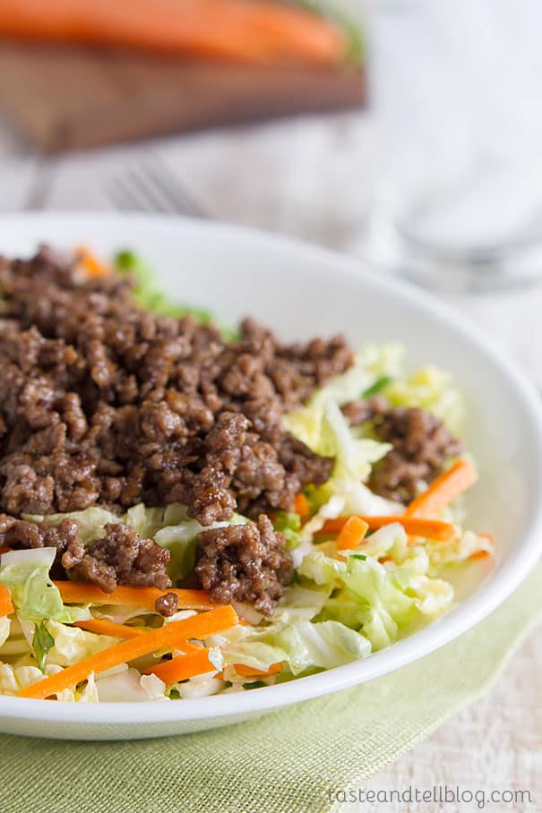 Ground beef is flavored with plum sauce and served over seasoned Napa cabbage in this Asian Beef and Cabbage Salad Recipe.